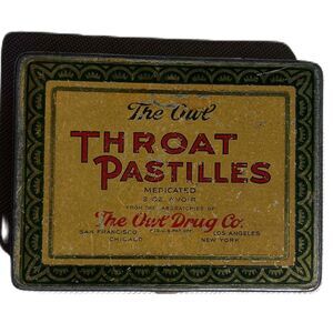 Rare Vintage "The Owl" Throat Pastilles Tin Container Trinket Box